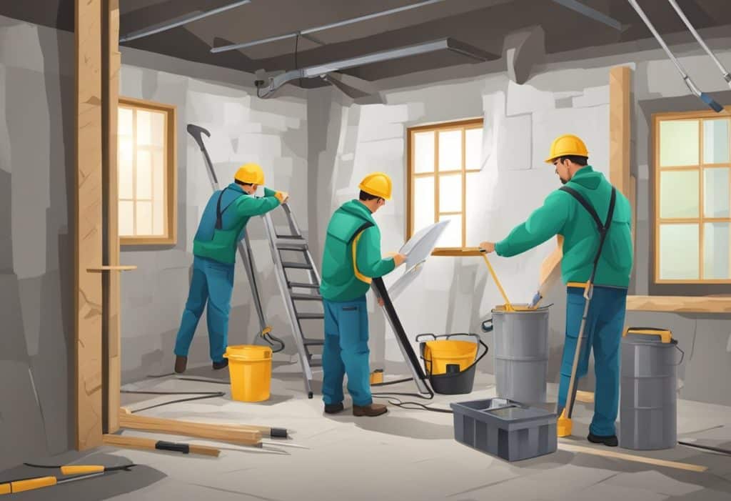 Construction workers renovating an indoor space.