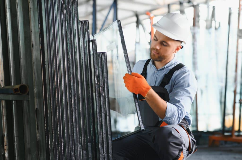 Worker measuring glass in factory