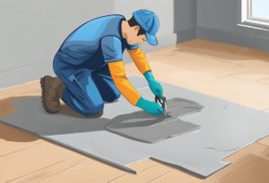 Worker cutting floor tile during installation.