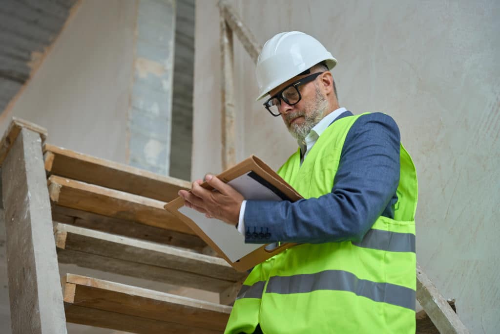 Engineer inspecting construction site with clipboard.