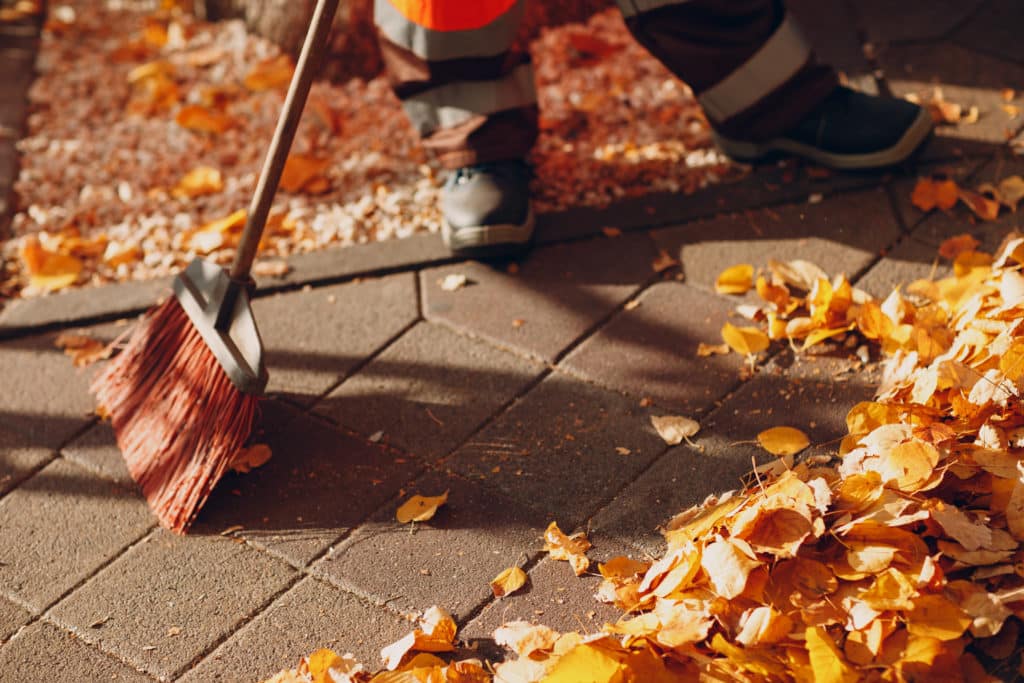 Person sweeping autumn leaves on pavement.