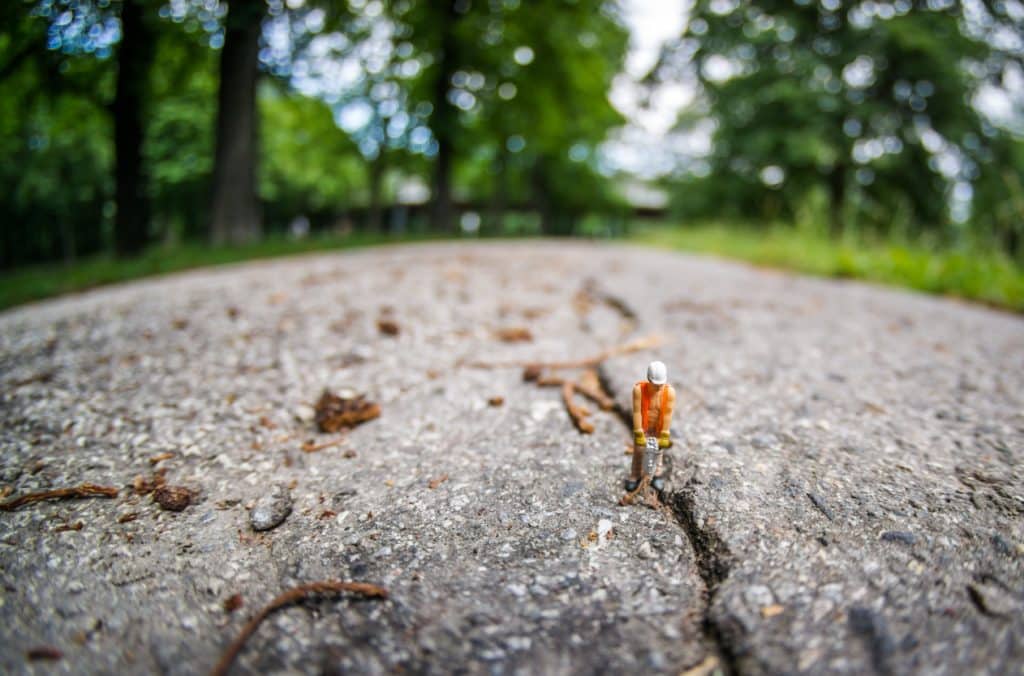 Miniature figure on cracked pathway with trees.